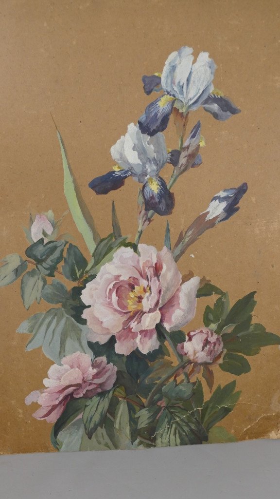 Pair Of Gouaches Painted With Flowers, Signed And Dated 1900-photo-2