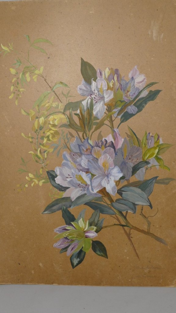 Pair Of Gouaches Painted With Flowers, Signed And Dated 1900-photo-3