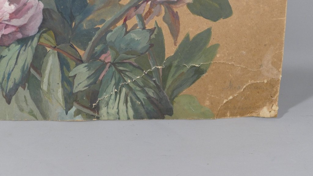 Pair Of Gouaches Painted With Flowers, Signed And Dated 1900-photo-4