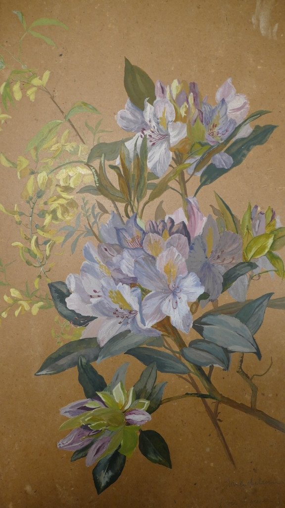 Pair Of Gouaches Painted With Flowers, Signed And Dated 1900-photo-2