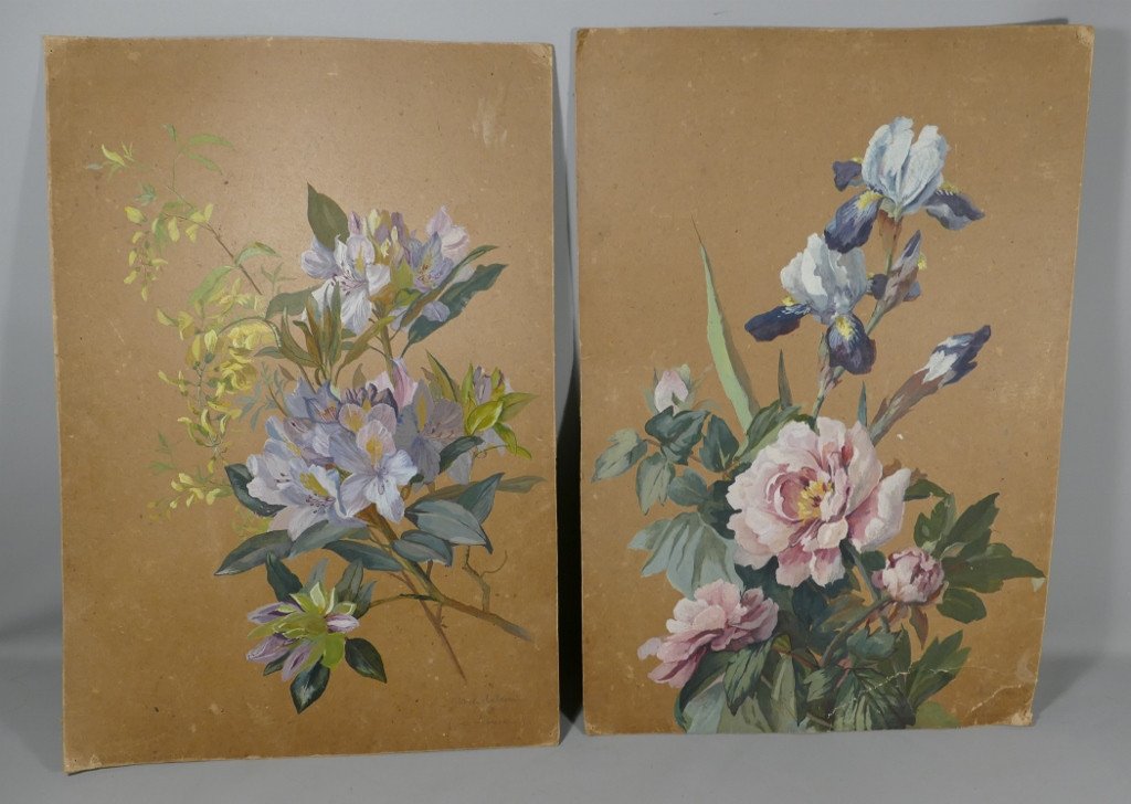 Pair Of Gouaches Painted With Flowers, Signed And Dated 1900