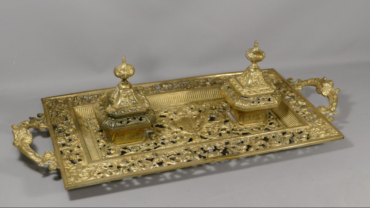 Double Desk Inkwell Napoleon III With Dragons In Chiseled And Gilded Bronze, XIXth Time-photo-2