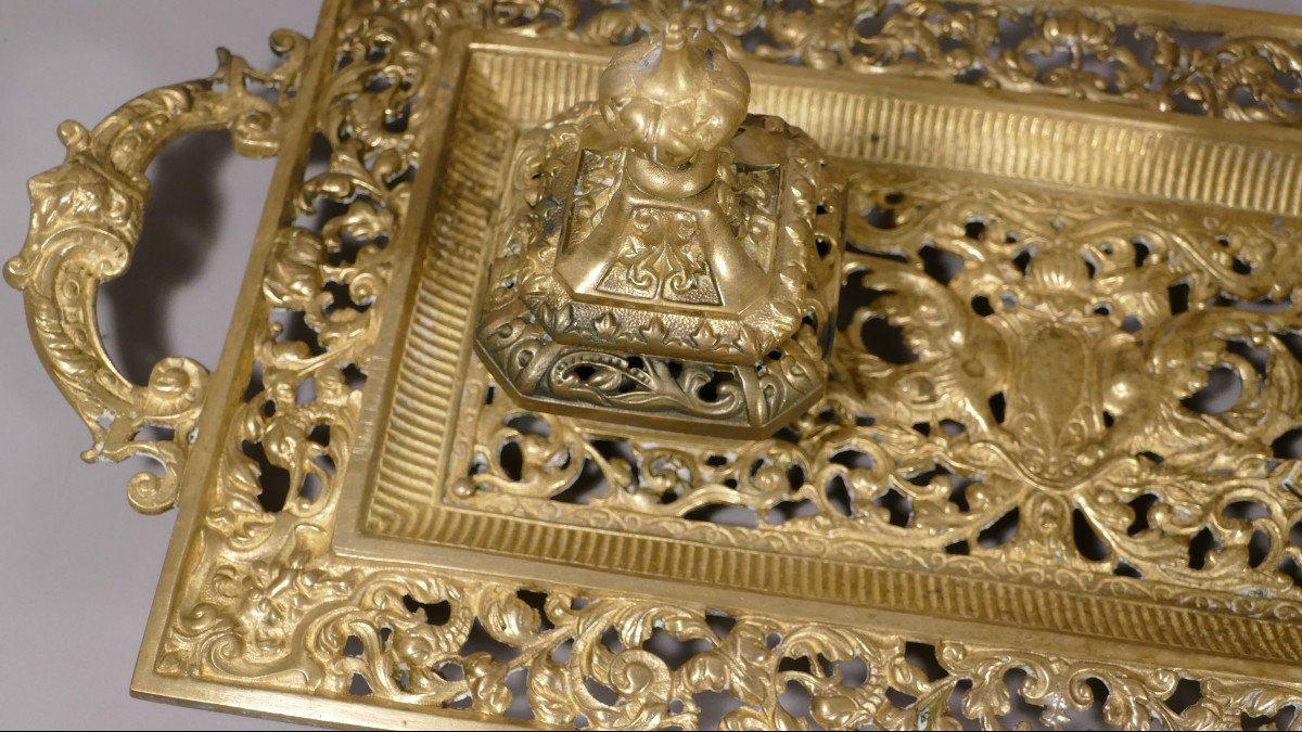 Double Desk Inkwell Napoleon III With Dragons In Chiseled And Gilded Bronze, XIXth Time-photo-3