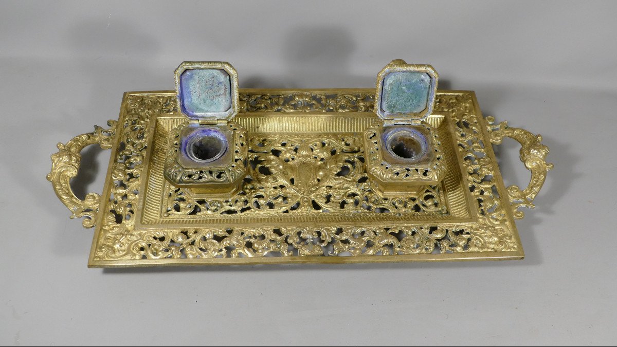 Double Desk Inkwell Napoleon III With Dragons In Chiseled And Gilded Bronze, XIXth Time-photo-4