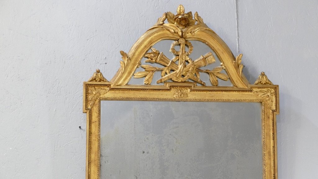 Louis XVI Mirror With Fronton With Pareclose In Wood And Gilded Stucco In The Leaf, XIXth Time-photo-2