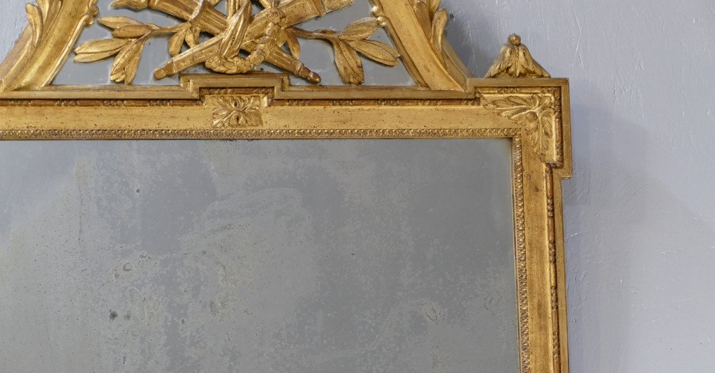 Miroir Louis XVI à Fronton à Pareclose En Bois Et Stuc Doré à La Feuille, époque XIX ème-photo-3