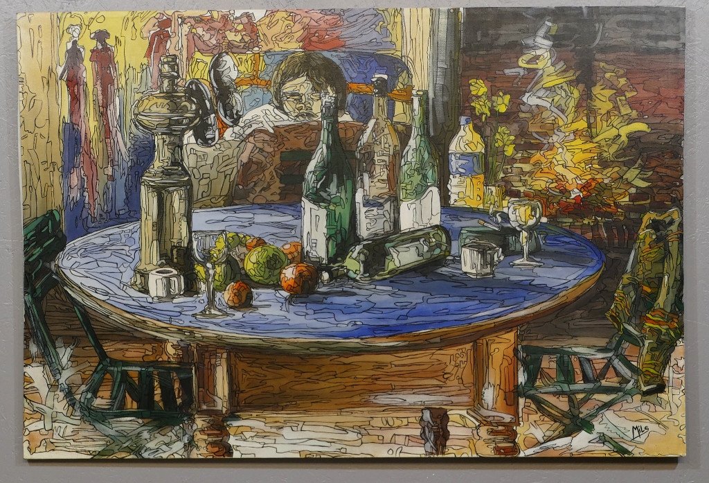 Grande Nature Morte école Moderne Huile Et Feutre Sur Toile, Signée Mile 