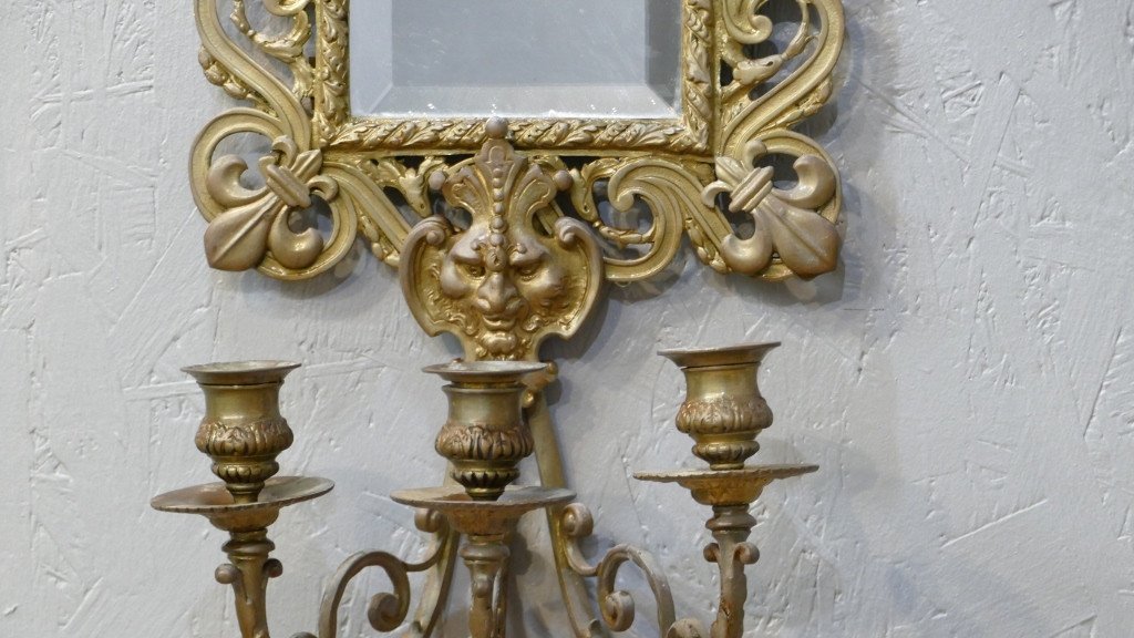 Pair Of Large Napoleon III Mirror Wall Lights In Bronze, Lily Flowers And Mascarons-photo-4