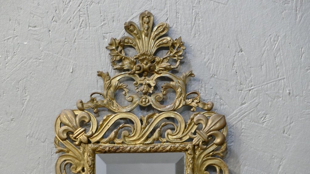 Paire De Grandes Appliques à Miroir Napoléon III En Bronze, Fleurs De Lys Et Mascarons-photo-1