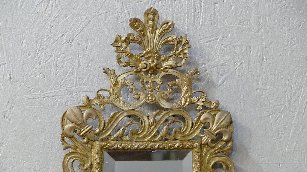 Pair Of Large Napoleon III Mirror Wall Lights In Bronze, Lily Flowers And Mascarons-photo-2