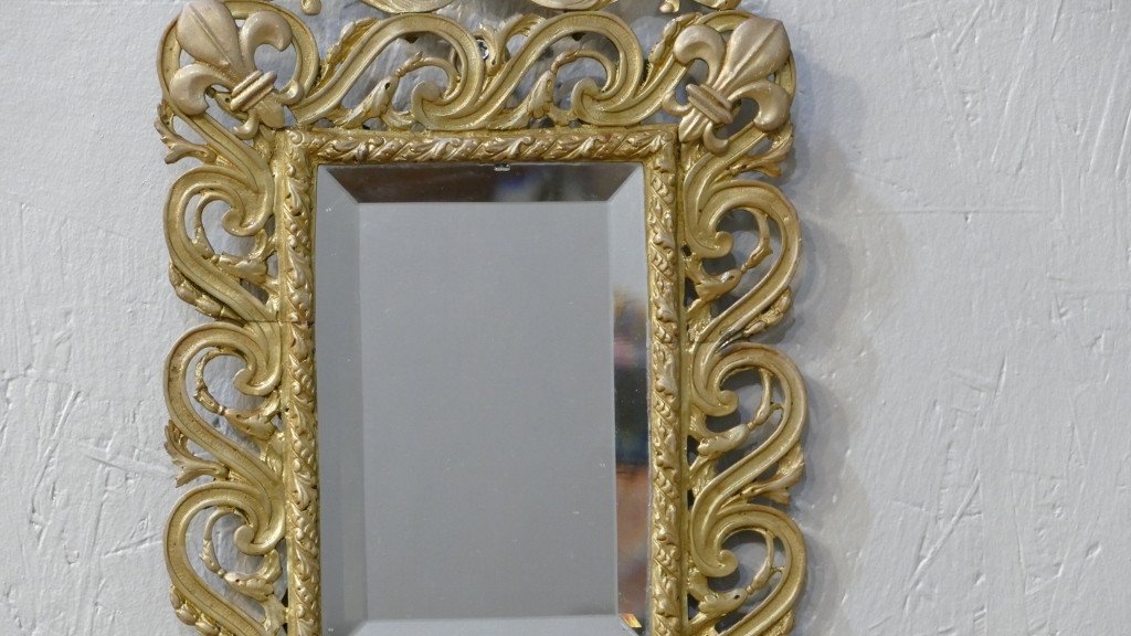 Paire De Grandes Appliques à Miroir Napoléon III En Bronze, Fleurs De Lys Et Mascarons-photo-3