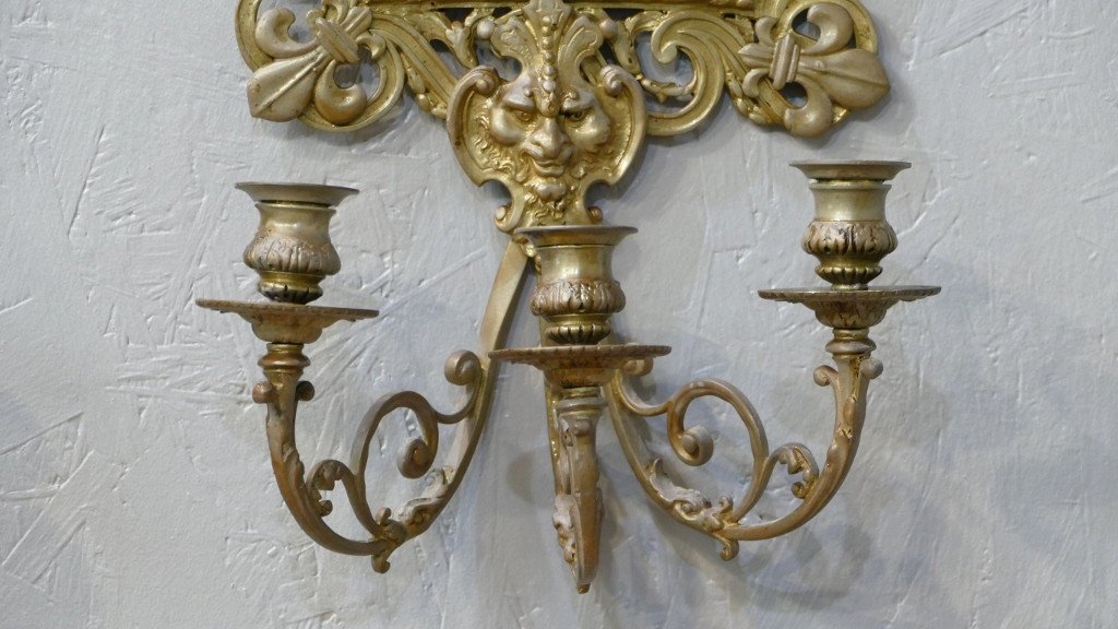 Pair Of Large Napoleon III Mirror Wall Lights In Bronze, Lily Flowers And Mascarons-photo-4