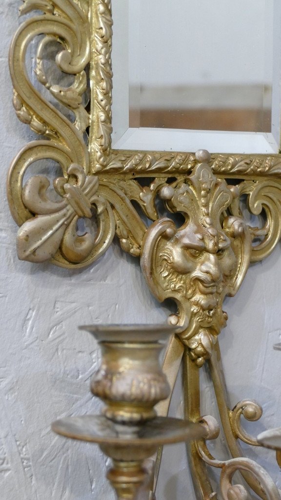 Pair Of Large Napoleon III Mirror Wall Lights In Bronze, Lily Flowers And Mascarons-photo-5