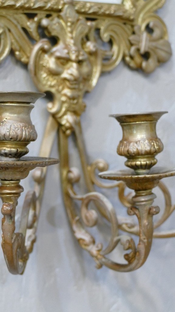Paire De Grandes Appliques à Miroir Napoléon III En Bronze, Fleurs De Lys Et Mascarons-photo-6