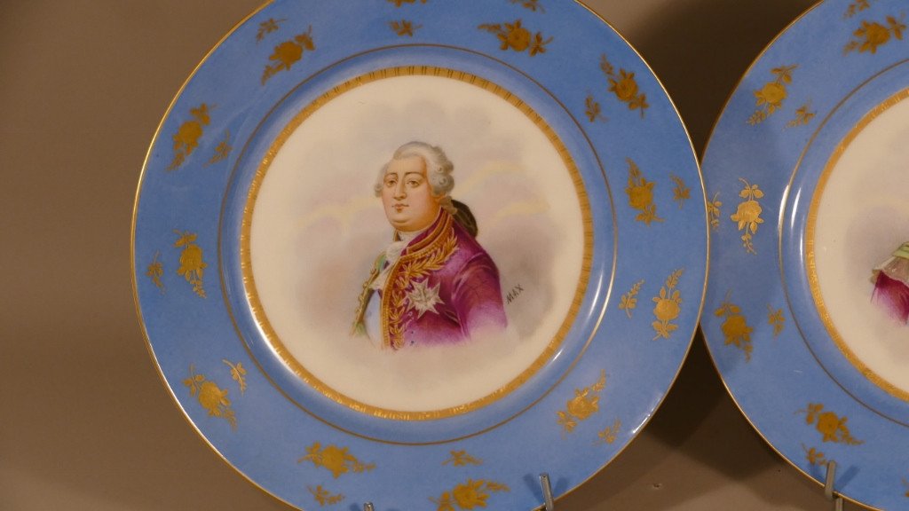 Louis XVI Et Marie Antoinette, Paire d'Assiettes Décoratives En Sèvres XIX ème-photo-2