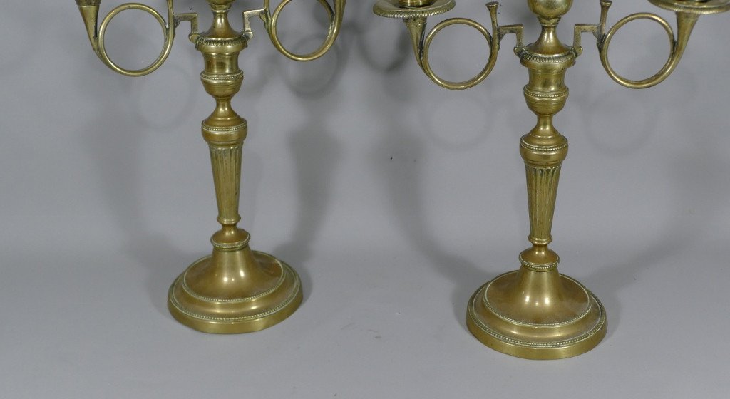 Pair Of Louis XVI Candlesticks Hunting Horns In Bronze, Eighteenth Century-photo-2