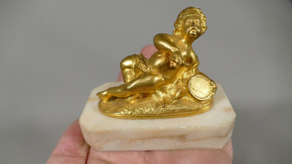 Gilt Bronze Statuette, Amour Langui Au Tambourine, Marble Base, Late Eighteenth Time-photo-2