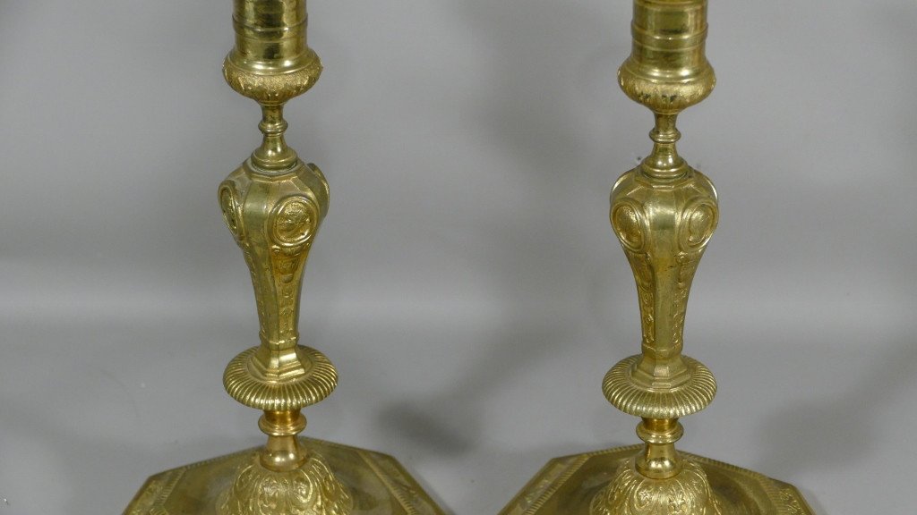 Pair Of Louis XIV Style Candlesticks In Gilt Bronze With Figures Of Roman Emperors, XIX-photo-3