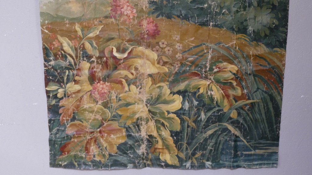 Carton d'Aubusson, Grande Toile Peinte Décorative, Verdure, Tapisserie, époque XIX ème-photo-2