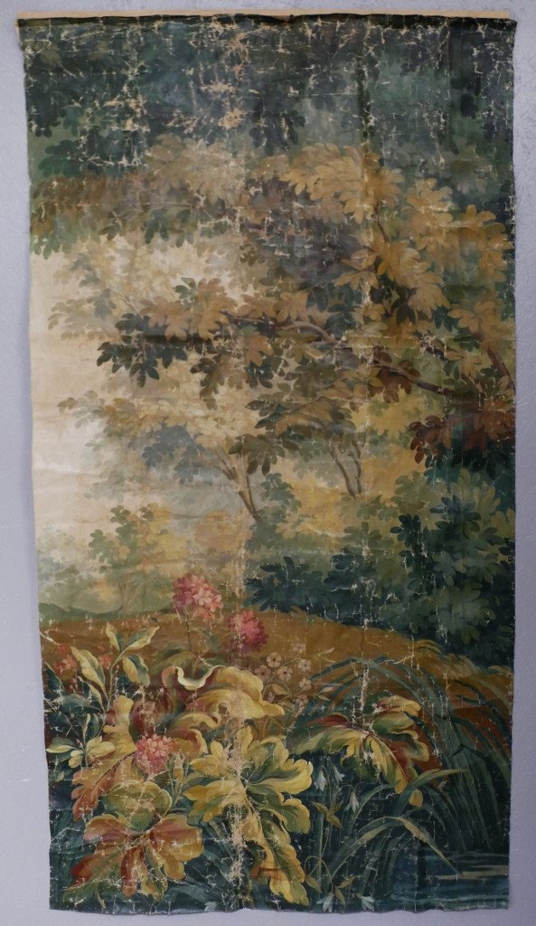 Aubusson Carton, Large Decorative Painted Canvas, Greenery, Tapestry, XIXth Time