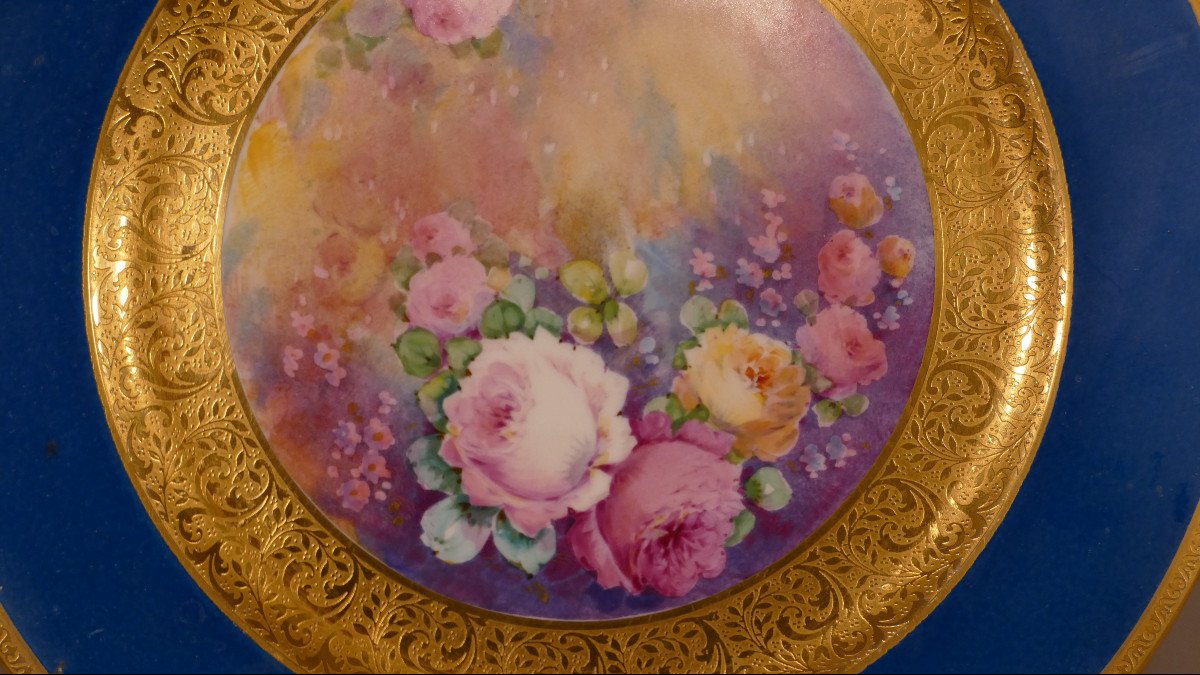 Assiette De Collection En Porcelaine Peinte à La Main Fleurs Et Incrustation d'Or-photo-2