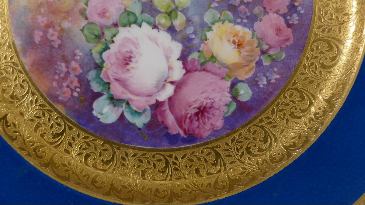 Assiette De Collection En Porcelaine Peinte à La Main Fleurs Et Incrustation d'Or-photo-3