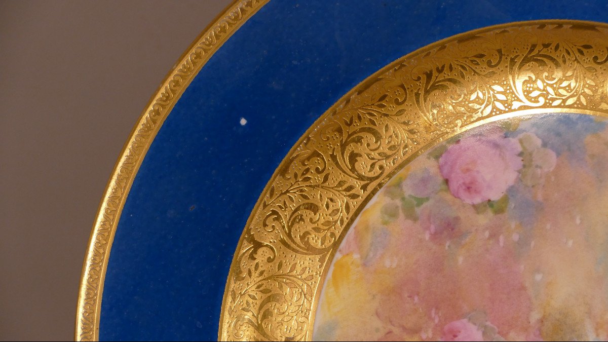 Assiette De Collection En Porcelaine Peinte à La Main Fleurs Et Incrustation d'Or-photo-4