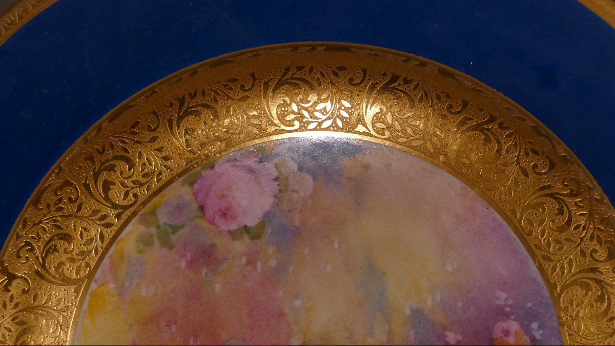 Assiette De Collection En Porcelaine Peinte à La Main Fleurs Et Incrustation d'Or-photo-1