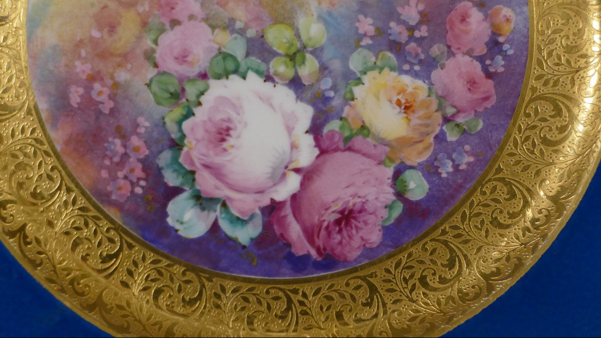 Assiette De Collection En Porcelaine Peinte à La Main Fleurs Et Incrustation d'Or-photo-2