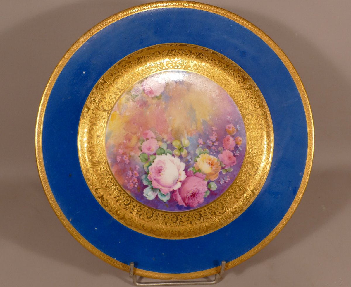 Assiette De Collection En Porcelaine Peinte à La Main Fleurs Et Incrustation d'Or