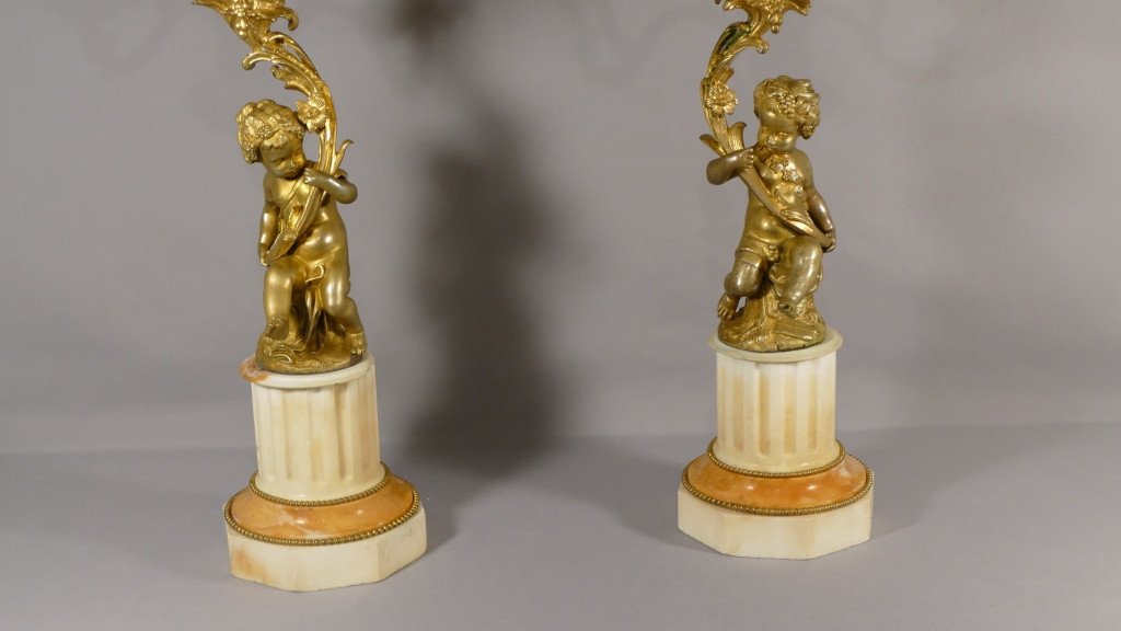 Paire De Candélabres Aux Amours En Bronze Doré Et Marbre Clodion, époque Napoléon III-photo-3
