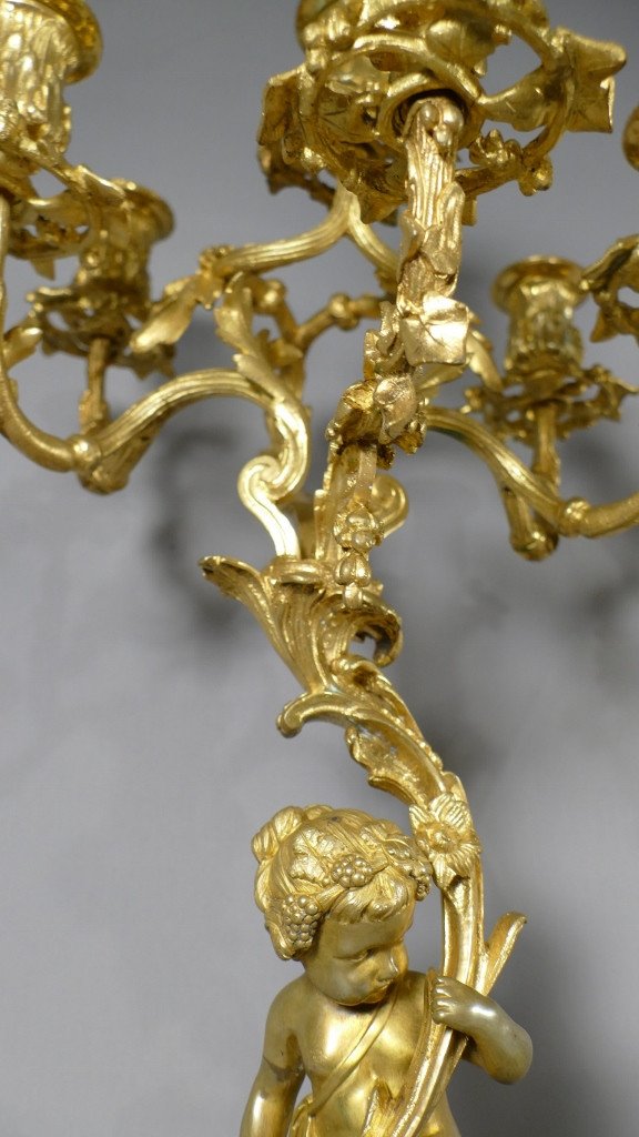 Paire De Candélabres Aux Amours En Bronze Doré Et Marbre Clodion, époque Napoléon III-photo-5