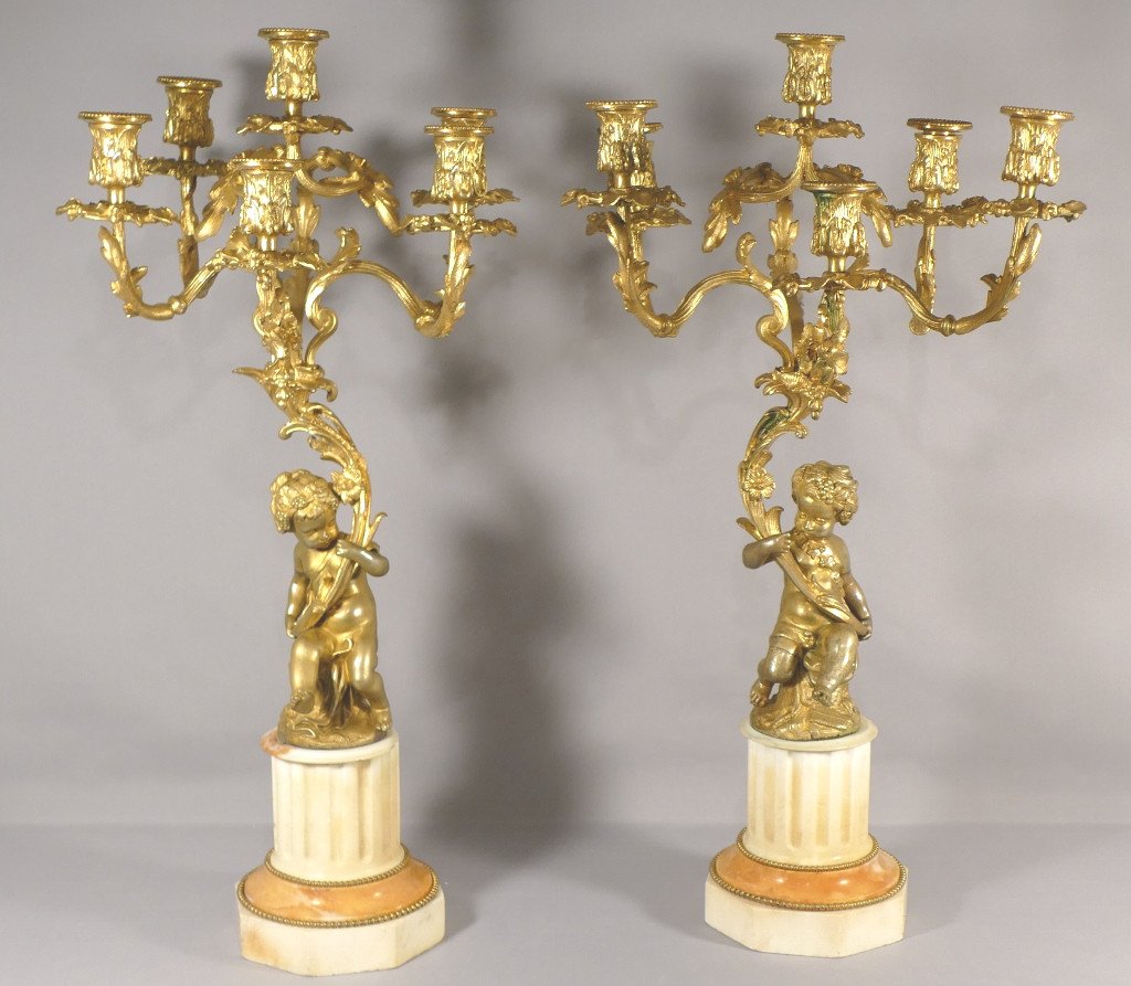 Pair Of Candelabra With Loves In Gilt Bronze And Clodion Marble, Napoleon III Period