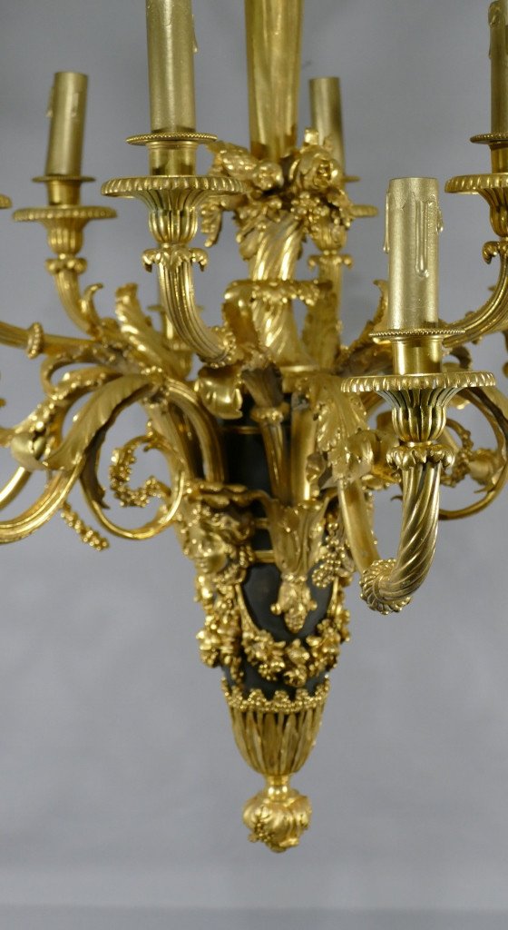 Lustre Louis XVI En Bronze Doré Et Patiné Signé Lescurieux Dans Le Goût De Beurdeley Dasson-photo-3