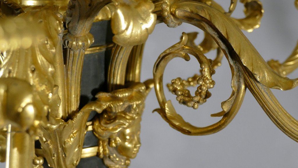 Lustre Louis XVI En Bronze Doré Et Patiné Signé Lescurieux Dans Le Goût De Beurdeley Dasson-photo-2