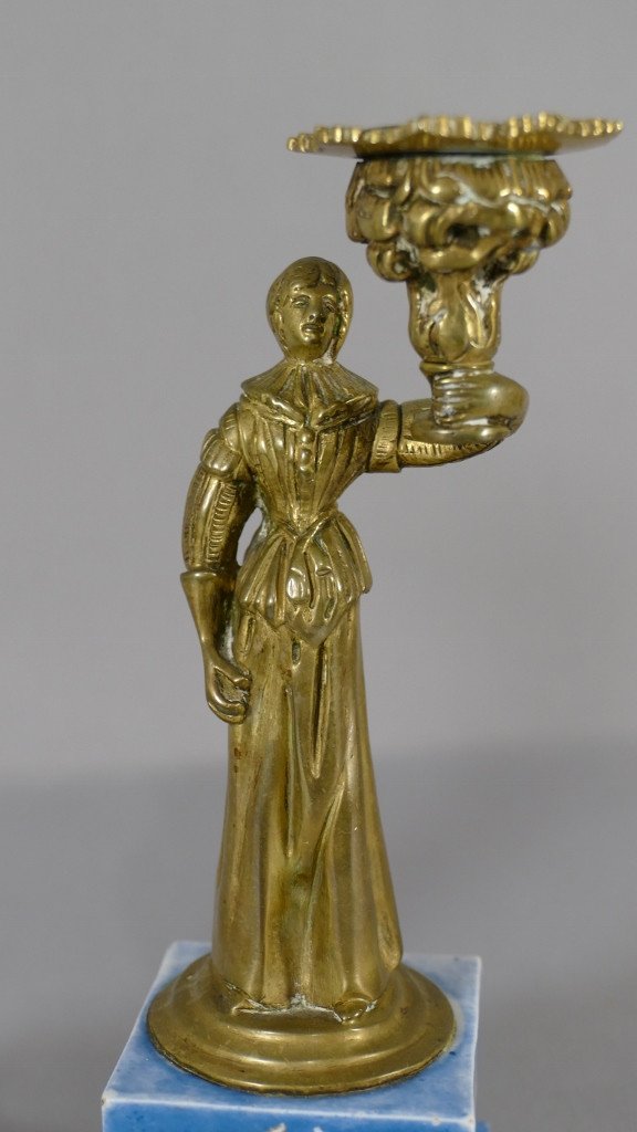 Pair Of Man Woman Candlesticks Musketeer Style In Bronze And Sèvres Porcelain, XIX-photo-2