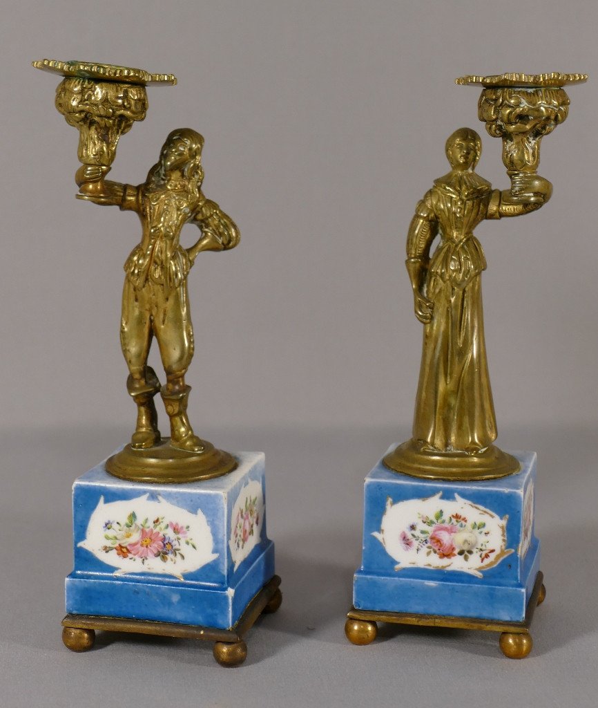 Pair Of Man Woman Candlesticks Musketeer Style In Bronze And Sèvres Porcelain, XIX