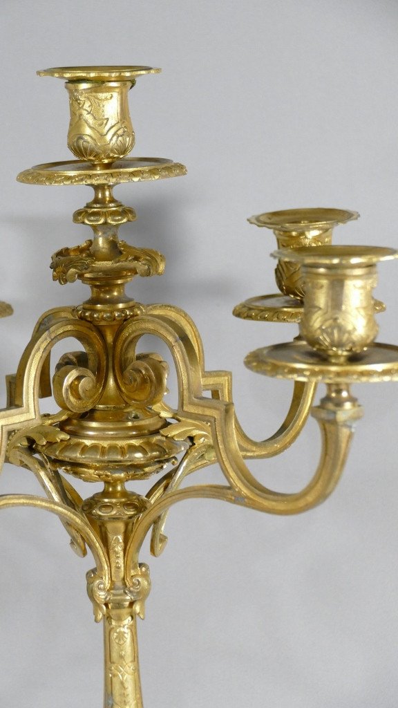 Pair Of Candelabra, Regency Style Candlesticks In Gilt Bronze, XIXth Time-photo-1