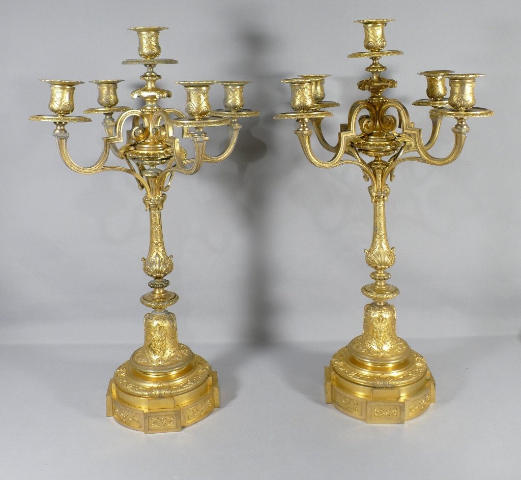 Pair Of Candelabra, Regency Style Candlesticks In Gilt Bronze, XIXth Time