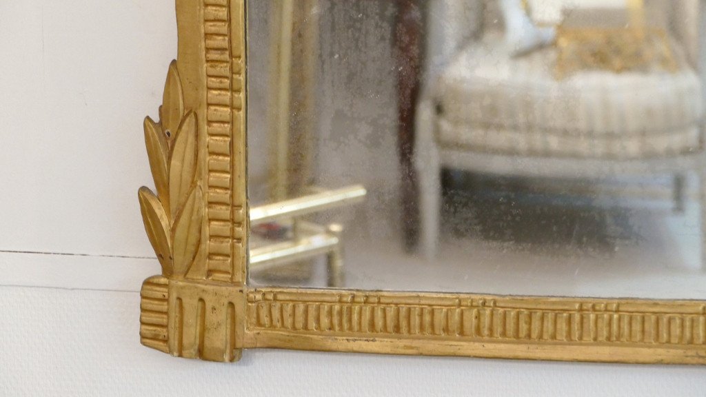 Miroir époque Louis XVI En Bois Sculpté Doré à La Feuille, Attributs Jardinier, XVIII ème -photo-1