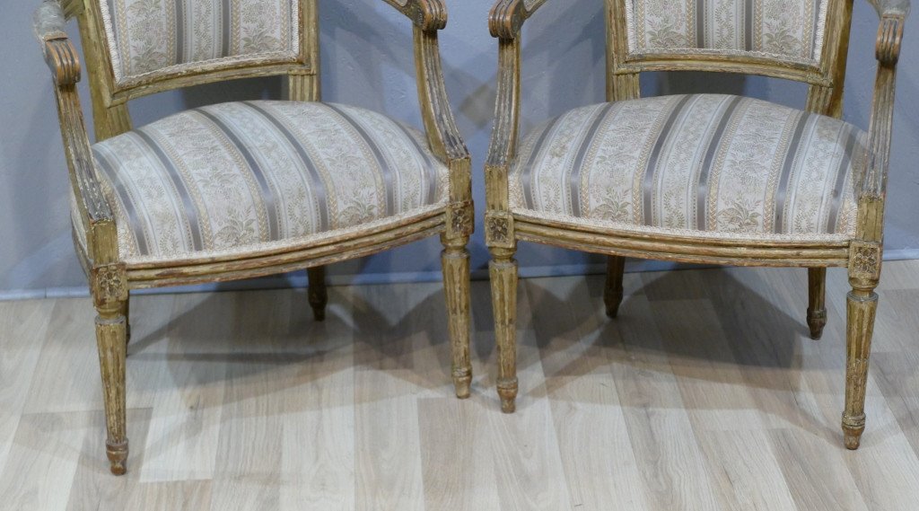 Pair Of Louis XVI Armchairs In Cabriolet, Lacquered Wood, XIX-photo-3