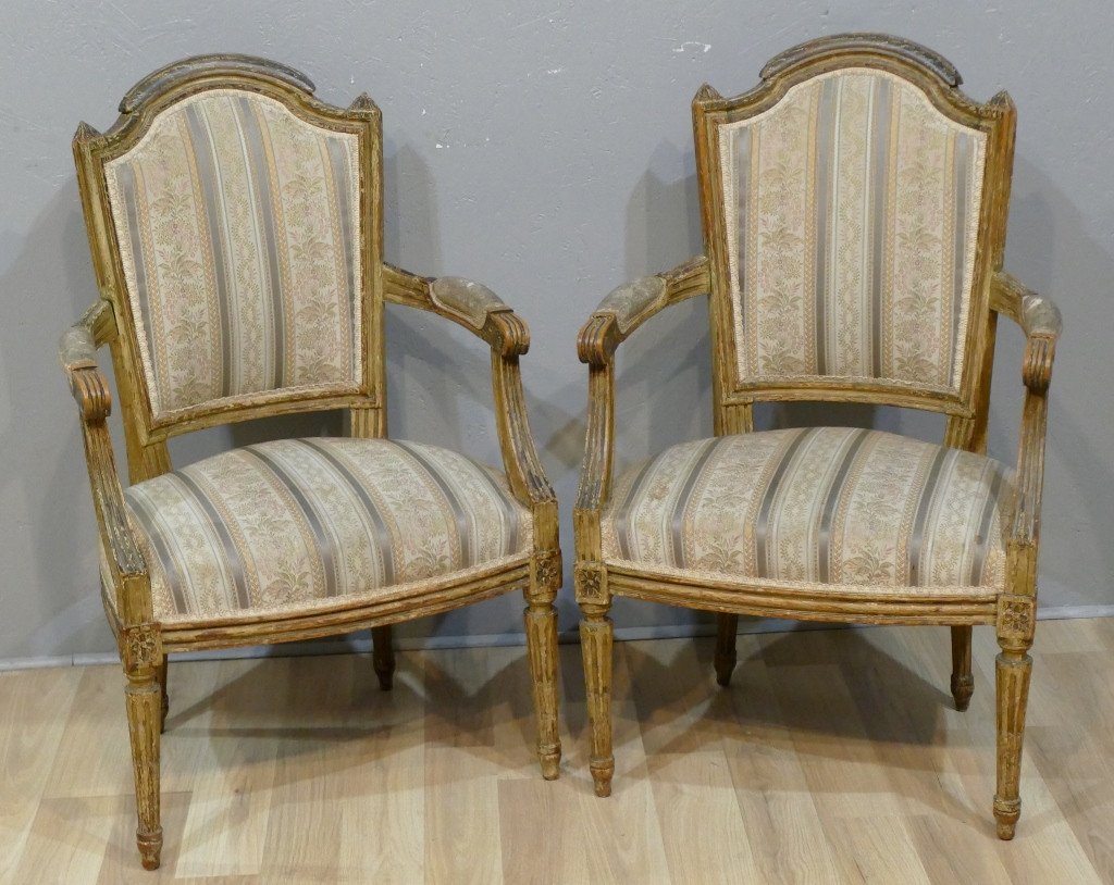 Pair Of Louis XVI Armchairs In Cabriolet, Lacquered Wood, XIX