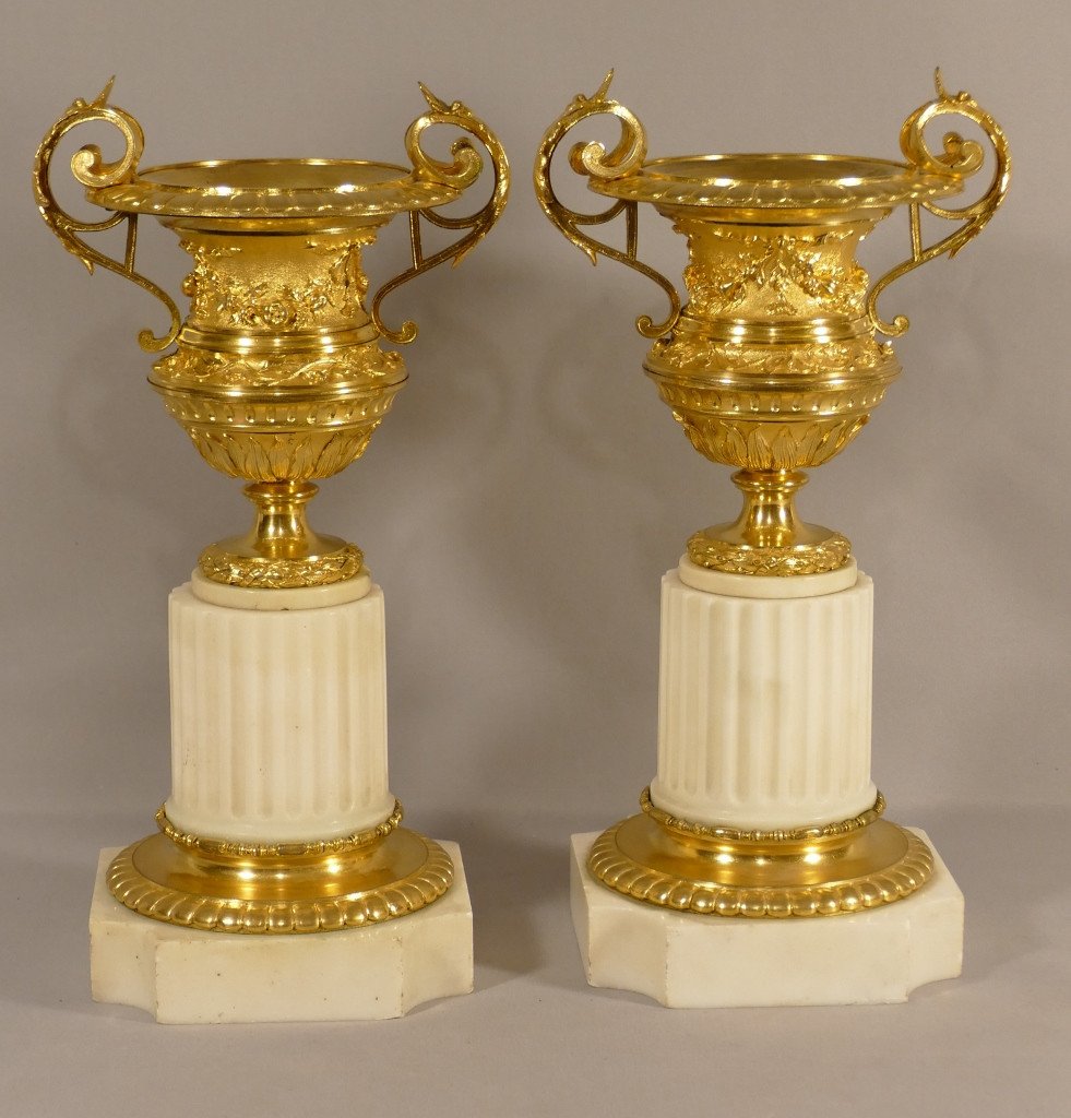 Paire De Cassolettes En Bronze Doré Et Marbre Cannelé, époque Charles X Vers 1830