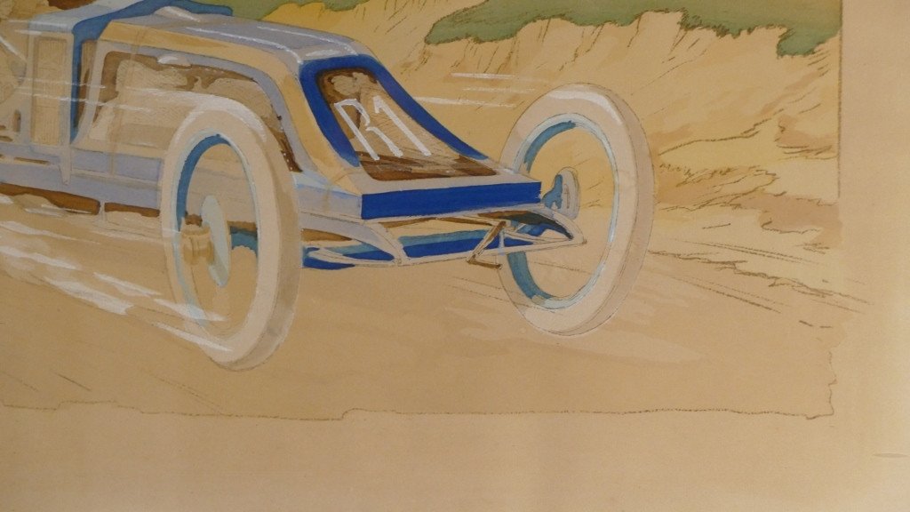 Ernest Montaut, Litho Couleur Voiture Renault 1907, Szisz Grand Prix De l'Acf-photo-1