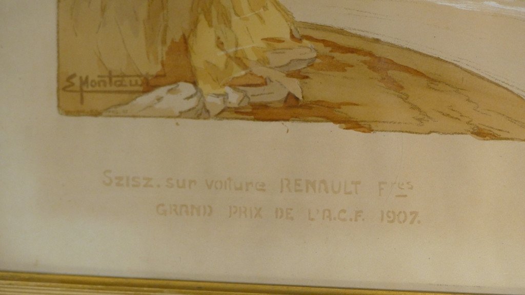 Ernest Montaut, Litho Couleur Voiture Renault 1907, Szisz Grand Prix De l'Acf-photo-2