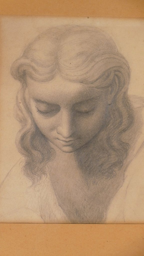 Antique Drawing Of A Woman, Nineteenth Time Pencil-photo-2