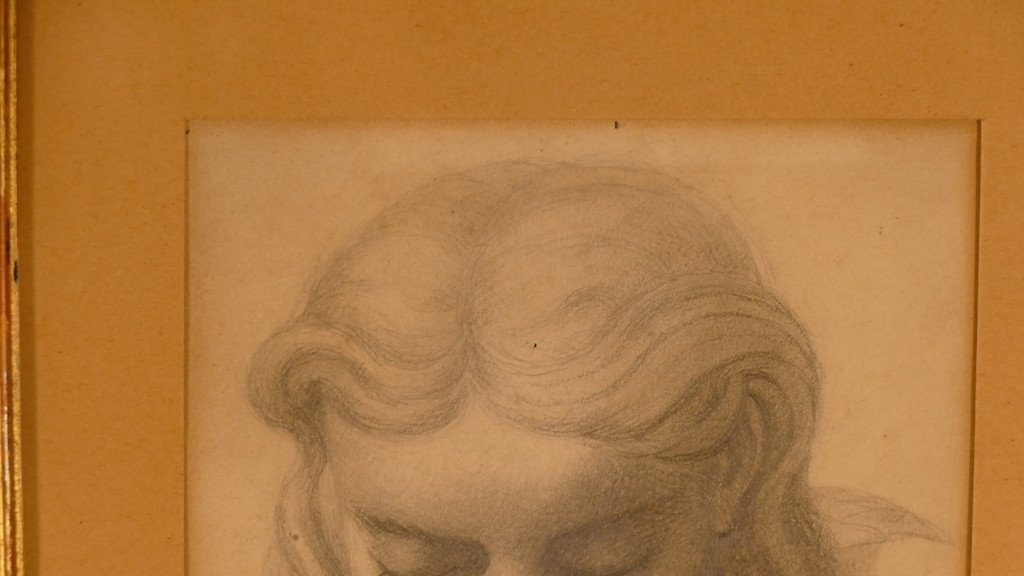 Antique Drawing Of A Woman, Nineteenth Time Pencil-photo-1