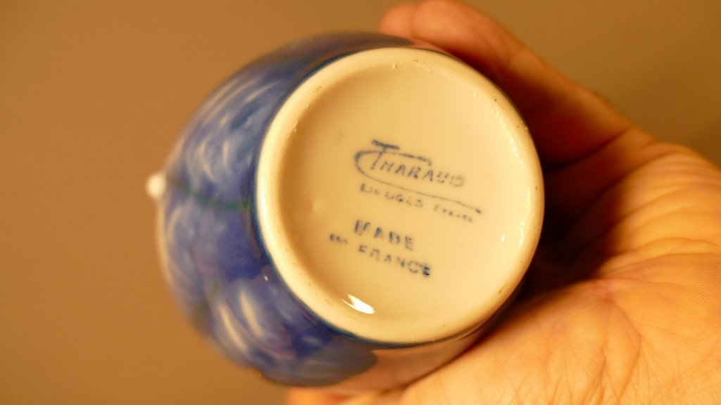 Camille Tharaud Limoges, Covered Vase Or Tobacco Jar With Blue Ferns, Art Deco-photo-2