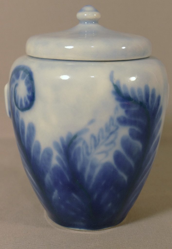 Camille Tharaud Limoges, Covered Vase Or Tobacco Jar With Blue Ferns, Art Deco