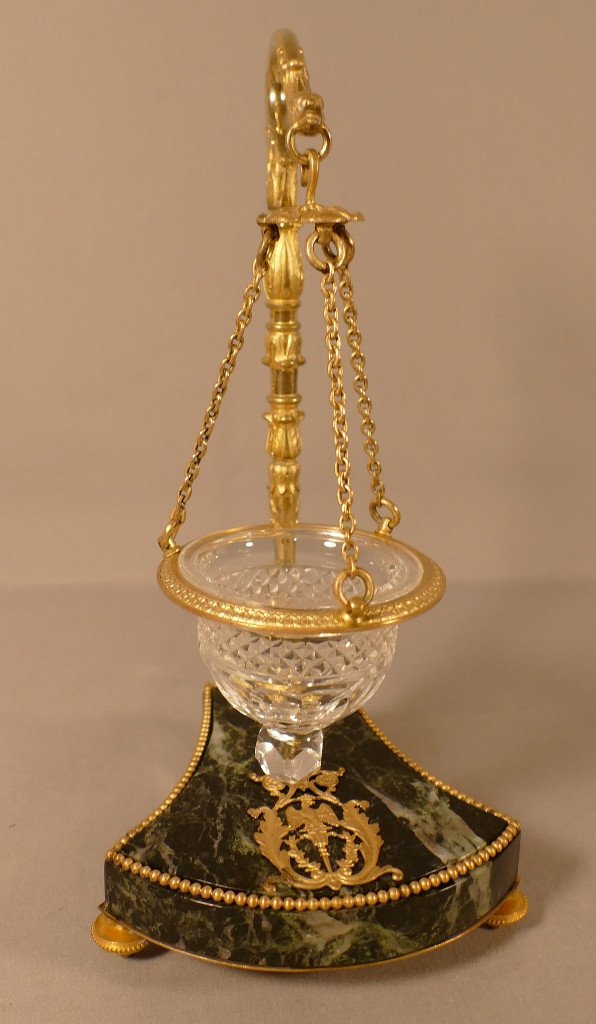 Empire Style Night Light In Gilt Bronze, Green Marble And Crystal, XIXth Time-photo-3